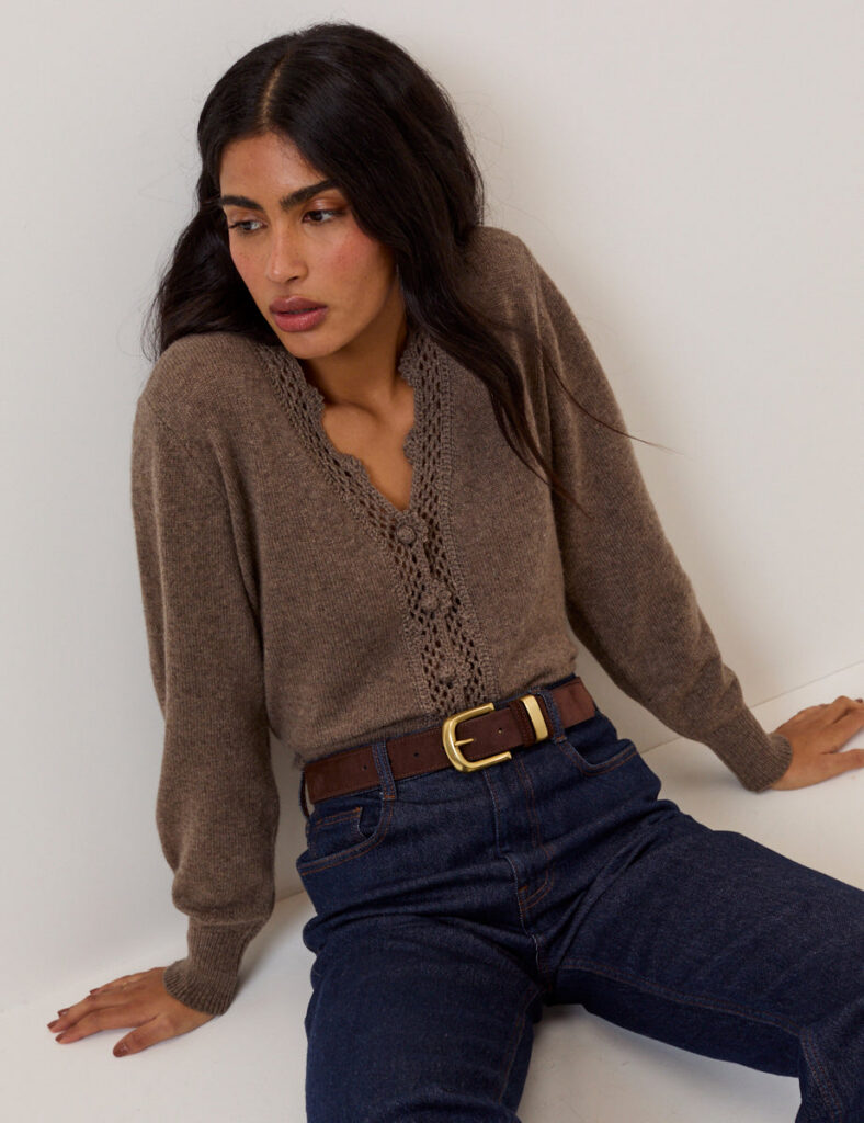 Brown Wool Blend Crochet Trim Cardigan