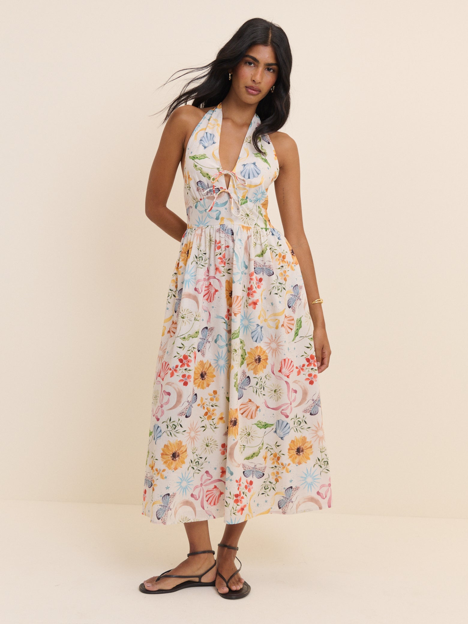 Multi Floral Cotton Neck Midaxi Dress