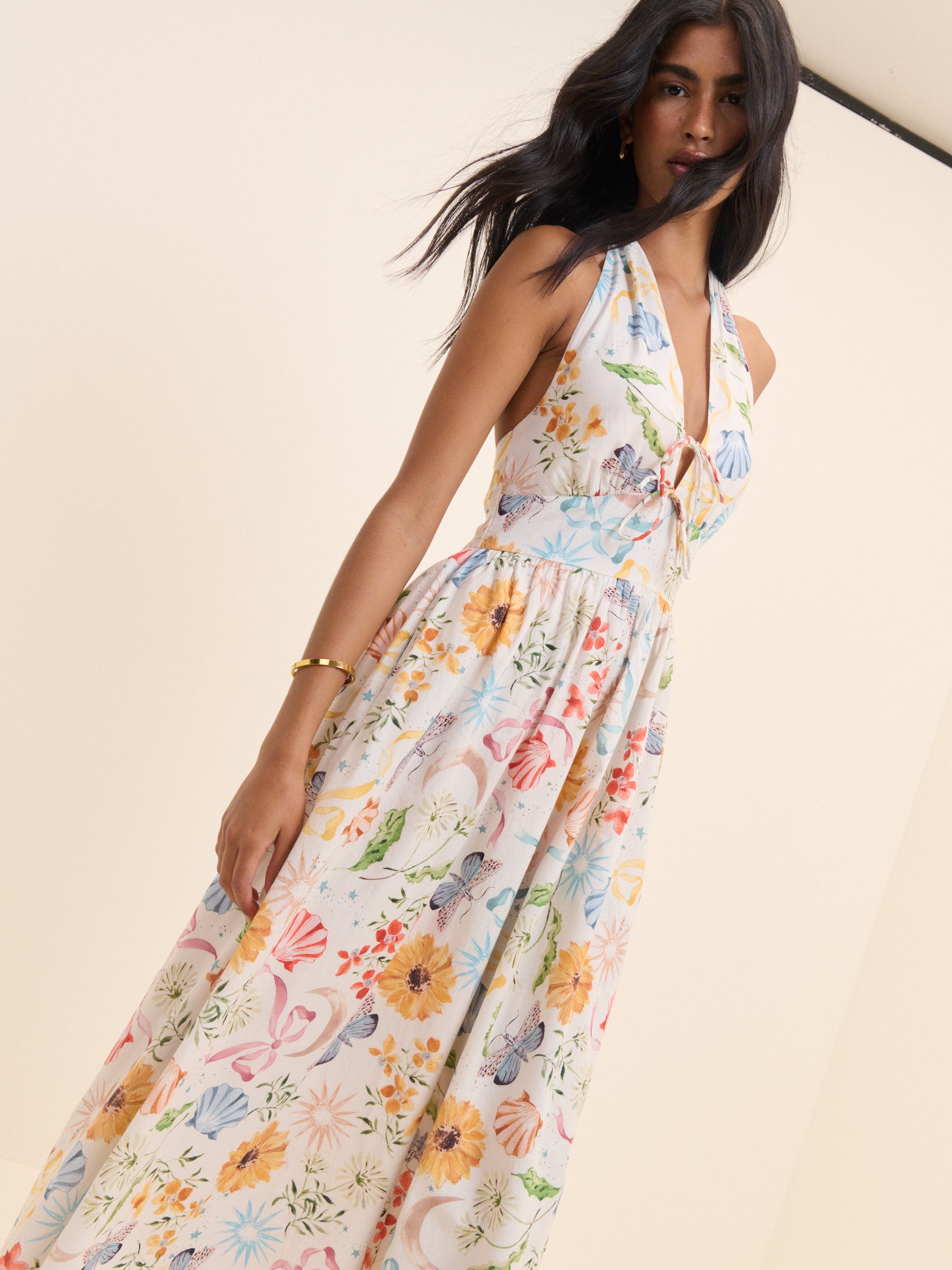 Multi Floral Cotton Neck Midaxi Dress - Image 4