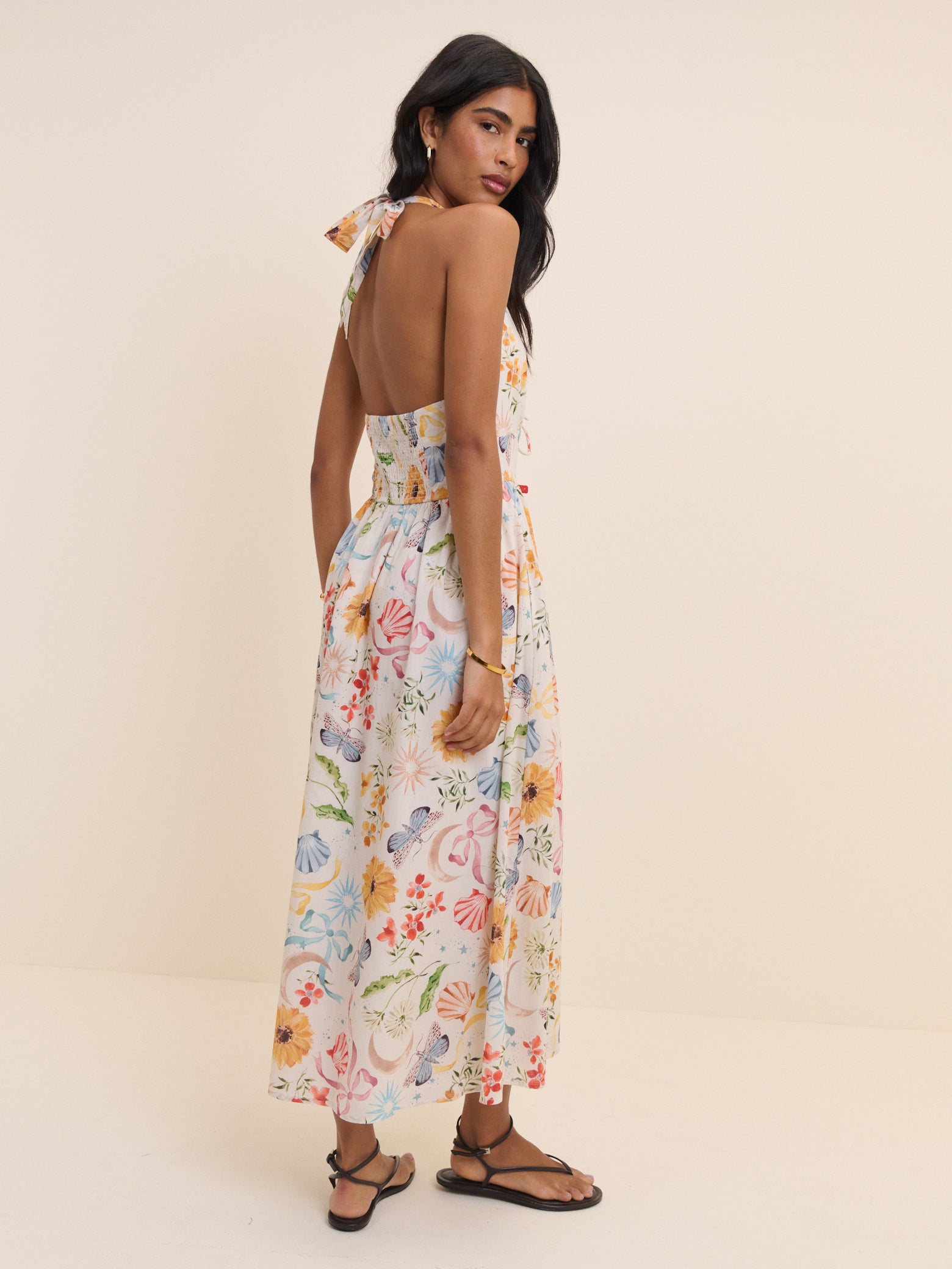 Multi Floral Cotton Neck Midaxi Dress - Image 5