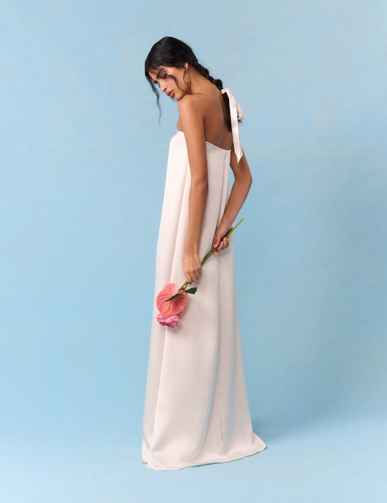 White Ivory Satin A-Line Midaxi Dress