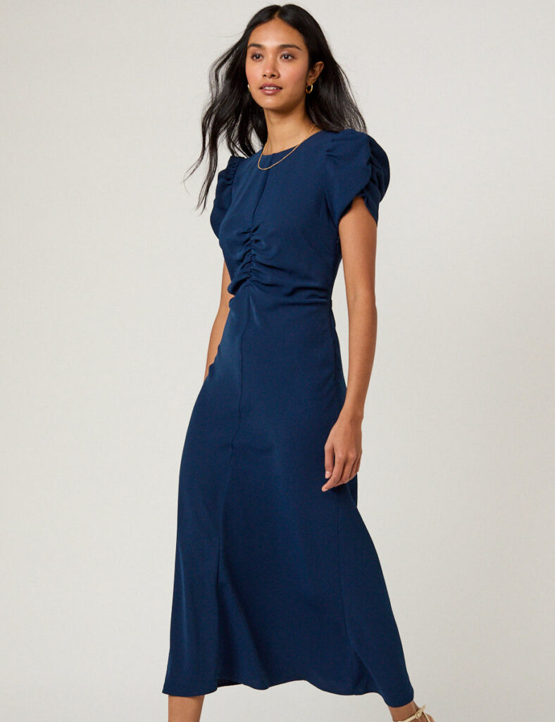 Navy Blue Ruched Gathered Short Sleeve Midaxi Dress