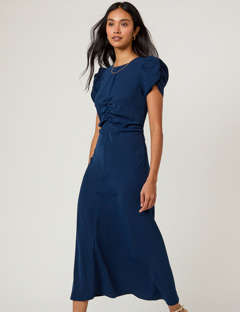 Navy Blue Ruched Gathered Short Sleeve Midaxi Dress