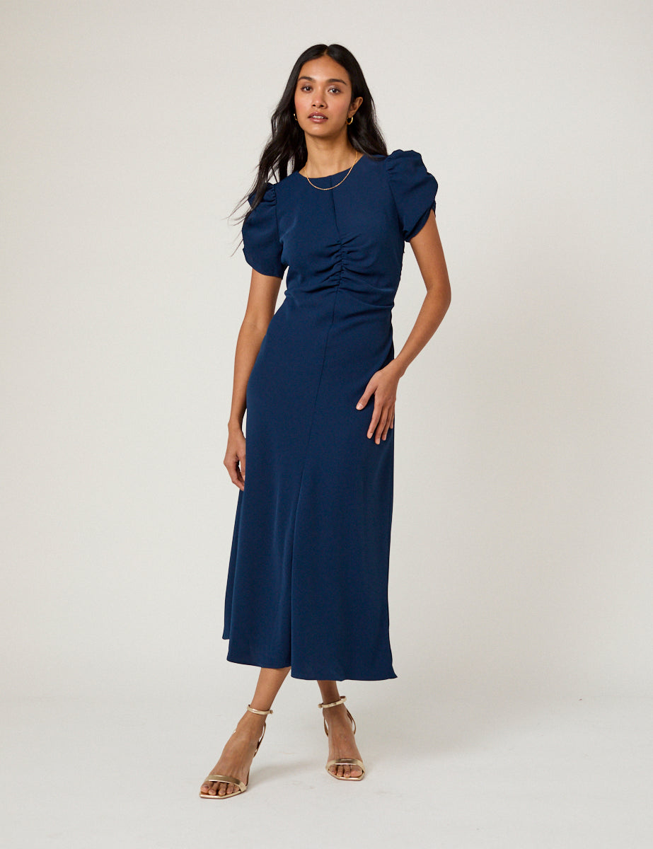 Navy Blue Ruched Gathered Short Sleeve Midaxi Dress - Image 2