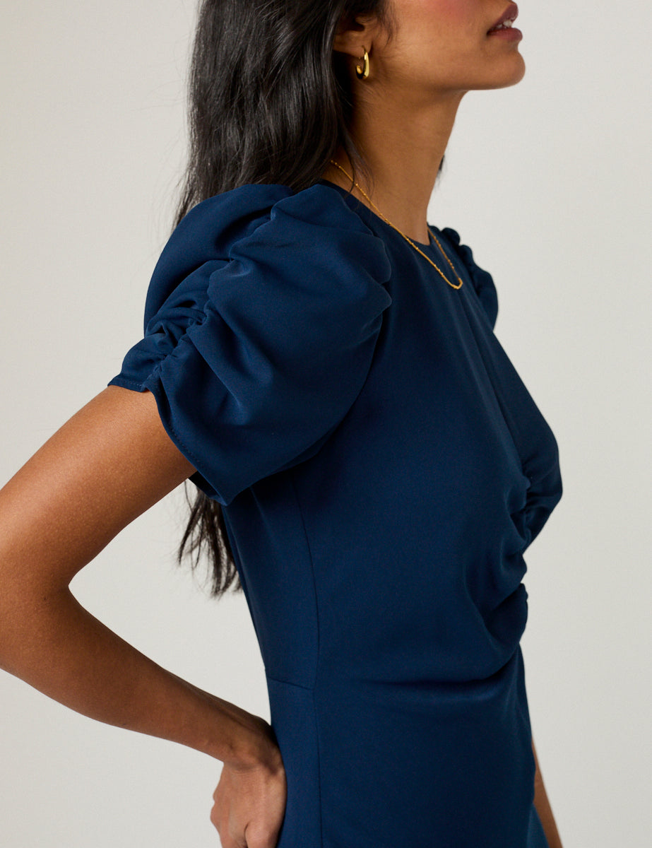 Navy Blue Ruched Gathered Short Sleeve Midaxi Dress - Image 3