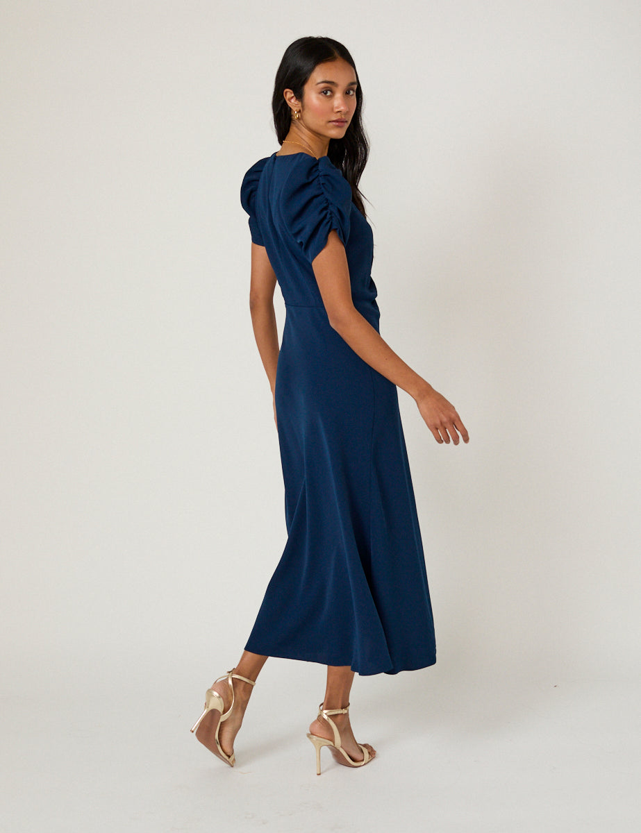 Navy Blue Ruched Gathered Short Sleeve Midaxi Dress - Image 5