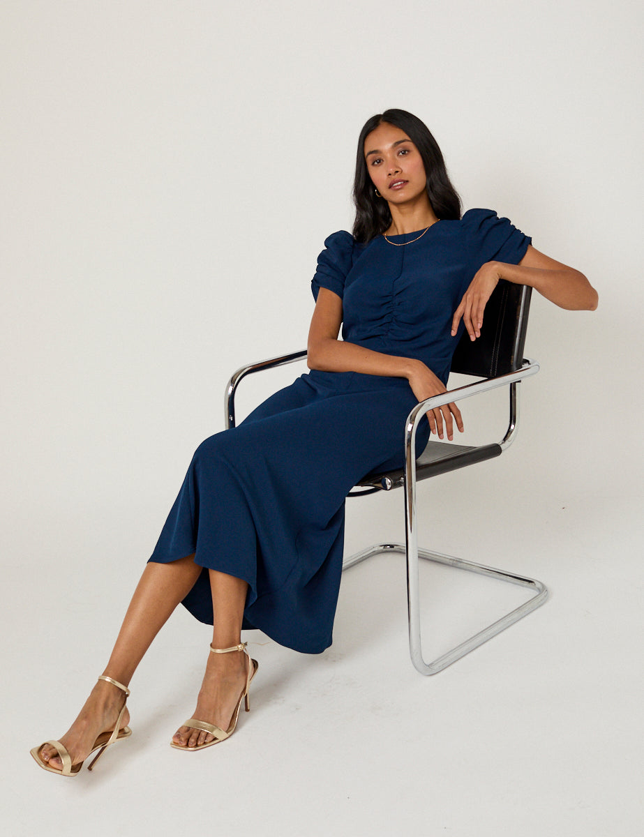 Navy Blue Ruched Gathered Short Sleeve Midaxi Dress - Image 4