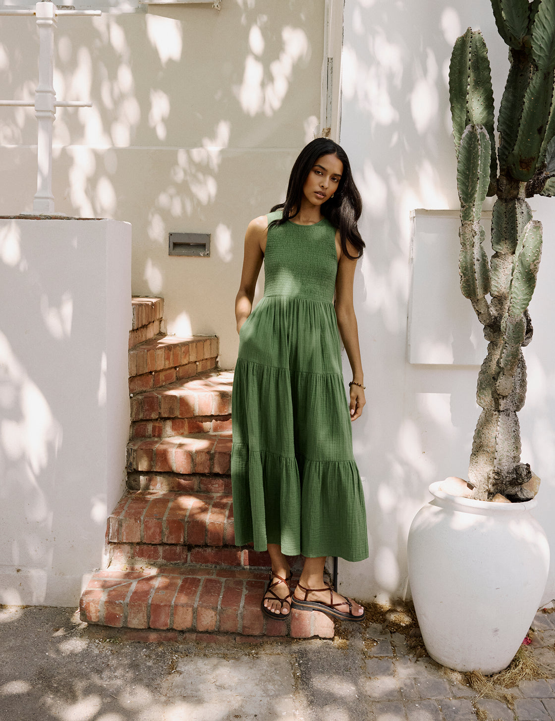 Green Cotton Tiered Shirred Sleeveless Midaxi Dress