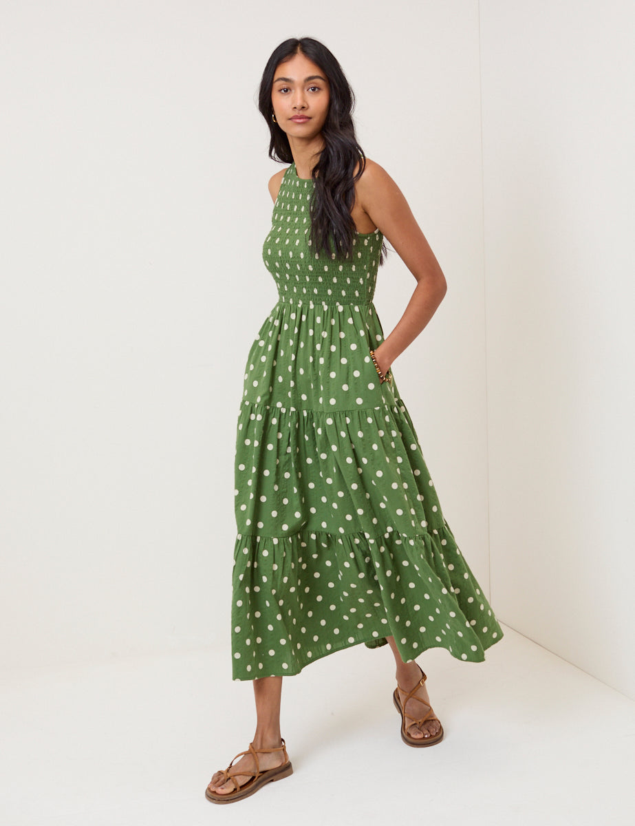 Green Polka Dot Cotton Tiered Midaxi Dress