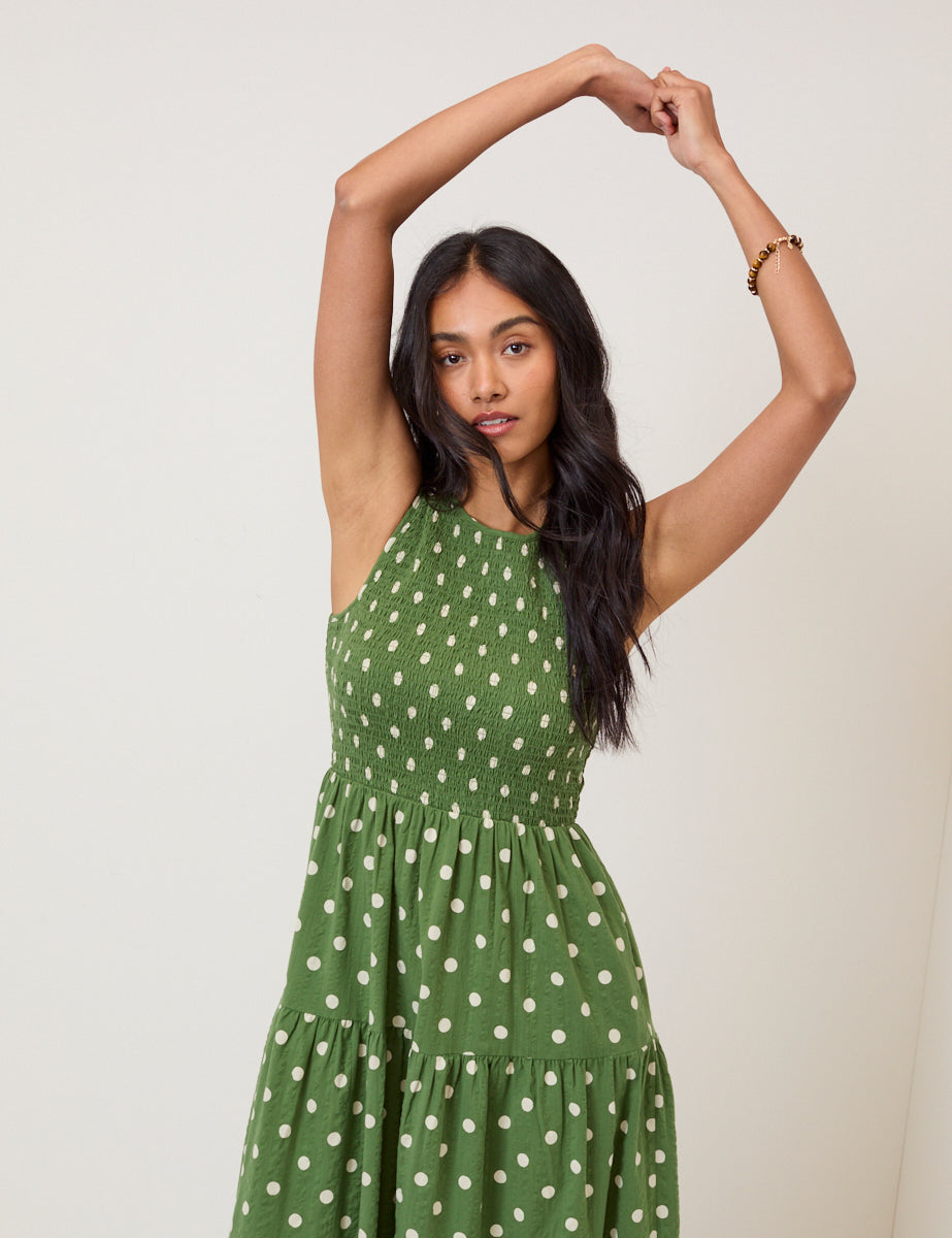 Green Polka Dot Cotton Tiered Midaxi Dress - Image 3