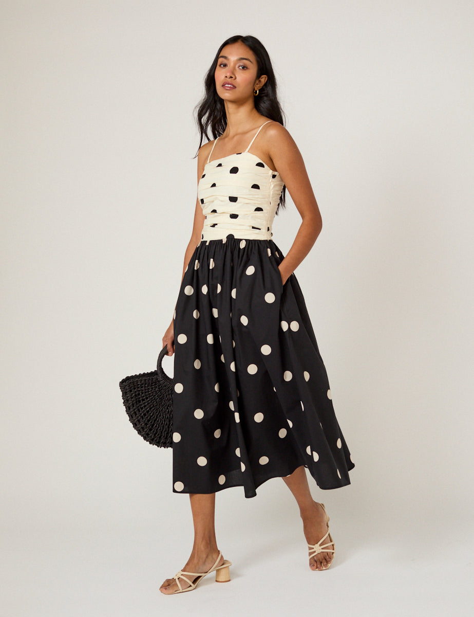 Black Monochrome Polka Dot Cotton Shirred Midaxi Dress - Image 2