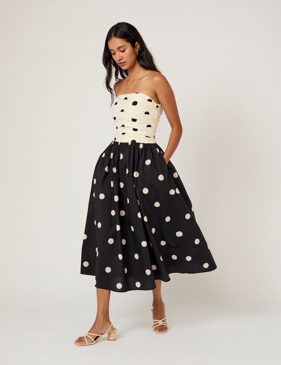 Black Monochrome Polka Dot Cotton Shirred Midaxi Dress - Image 5