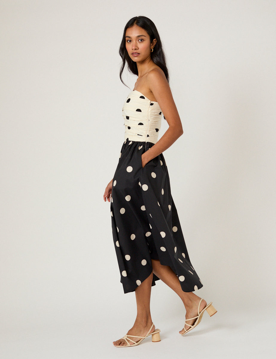 Black Monochrome Polka Dot Cotton Shirred Midaxi Dress - Image 4