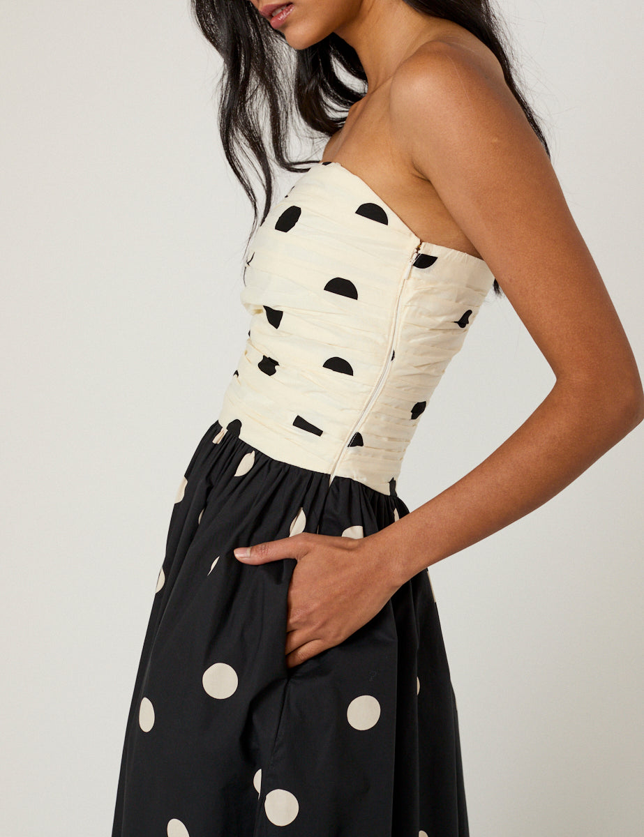 Black Monochrome Polka Dot Cotton Shirred Midaxi Dress - Image 3