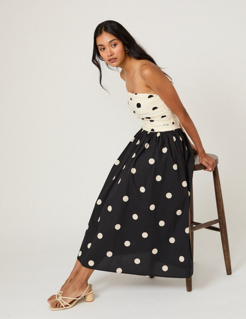 Black Monochrome Polka Dot Cotton Shirred Midaxi Dress