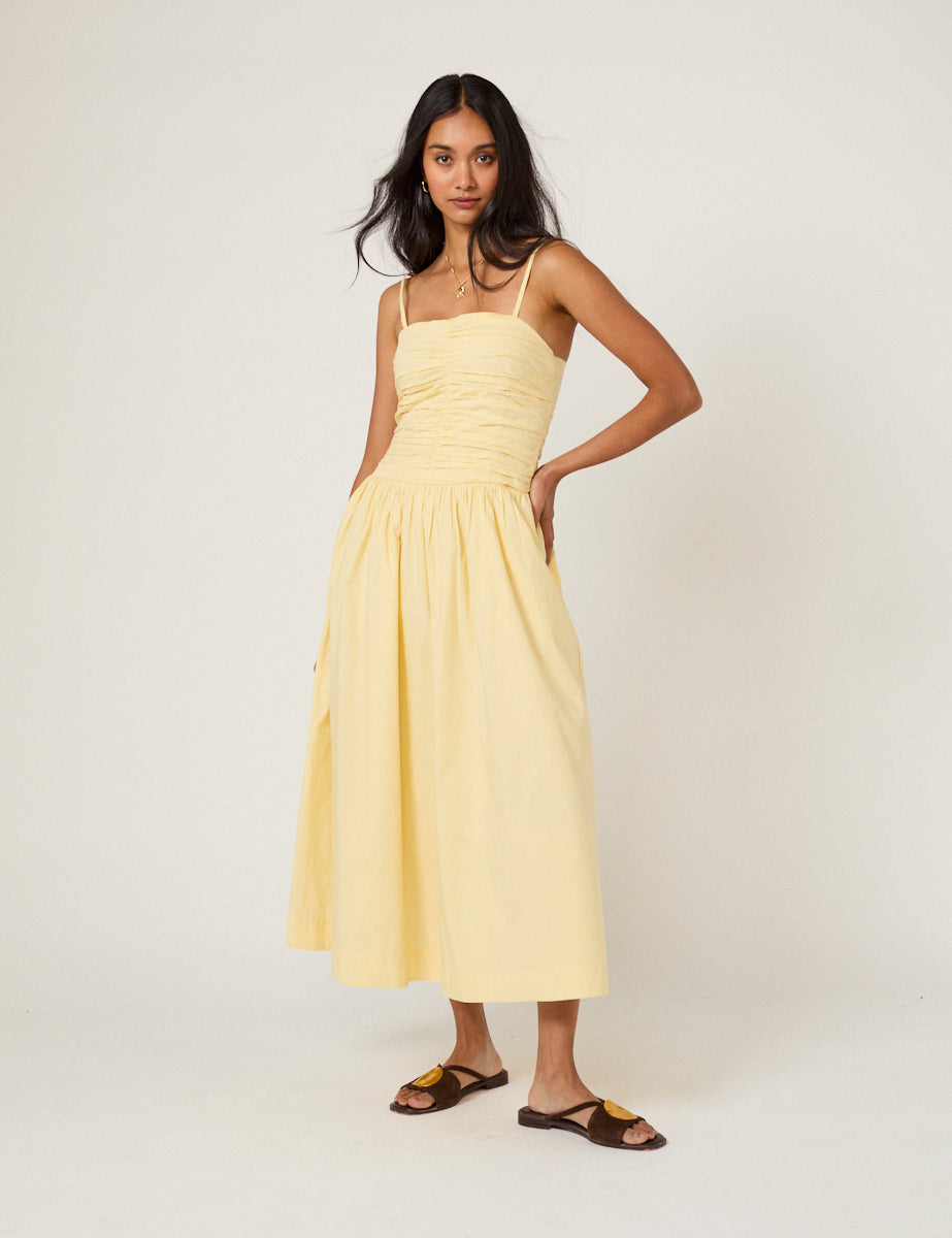 Yellow Cotton Shirred Elegant Midaxi Dress - Image 3