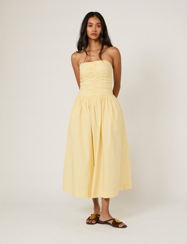 Yellow Cotton Shirred Elegant Midaxi Dress