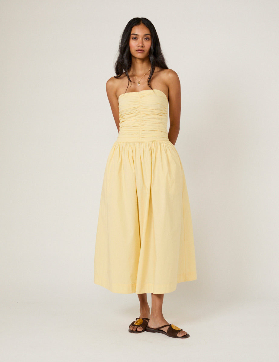 Yellow Cotton Shirred Elegant Midaxi Dress