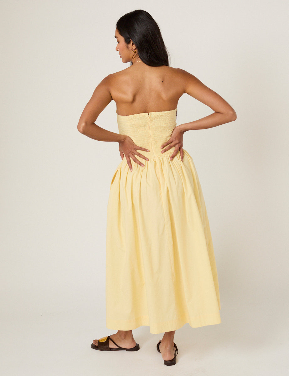 Yellow Cotton Shirred Elegant Midaxi Dress - Image 5