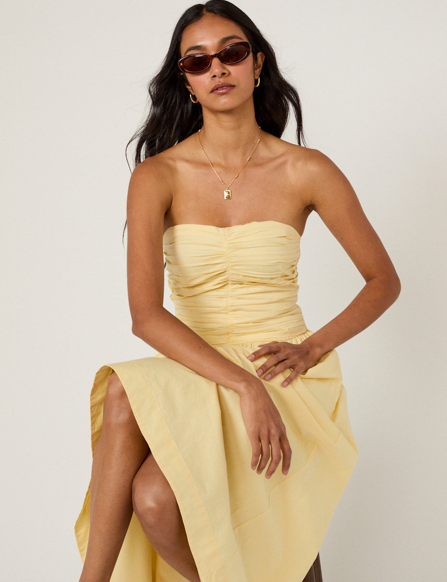 Yellow Cotton Shirred Elegant Midaxi Dress - Image 4