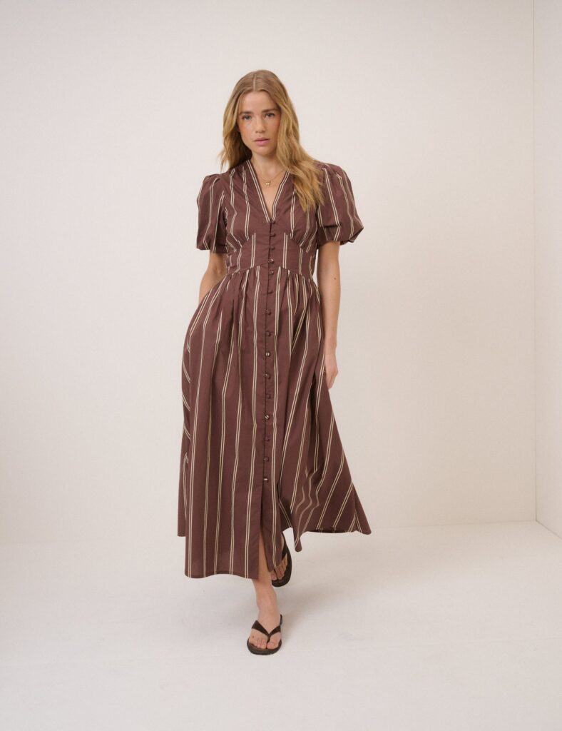 Cream Brown Striped Cotton Button Front Midaxi Dress