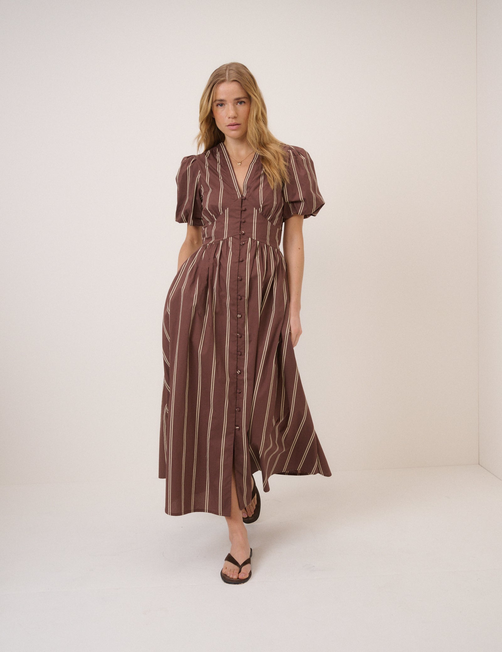 Cream Brown Striped Cotton Button Front Midaxi Dress