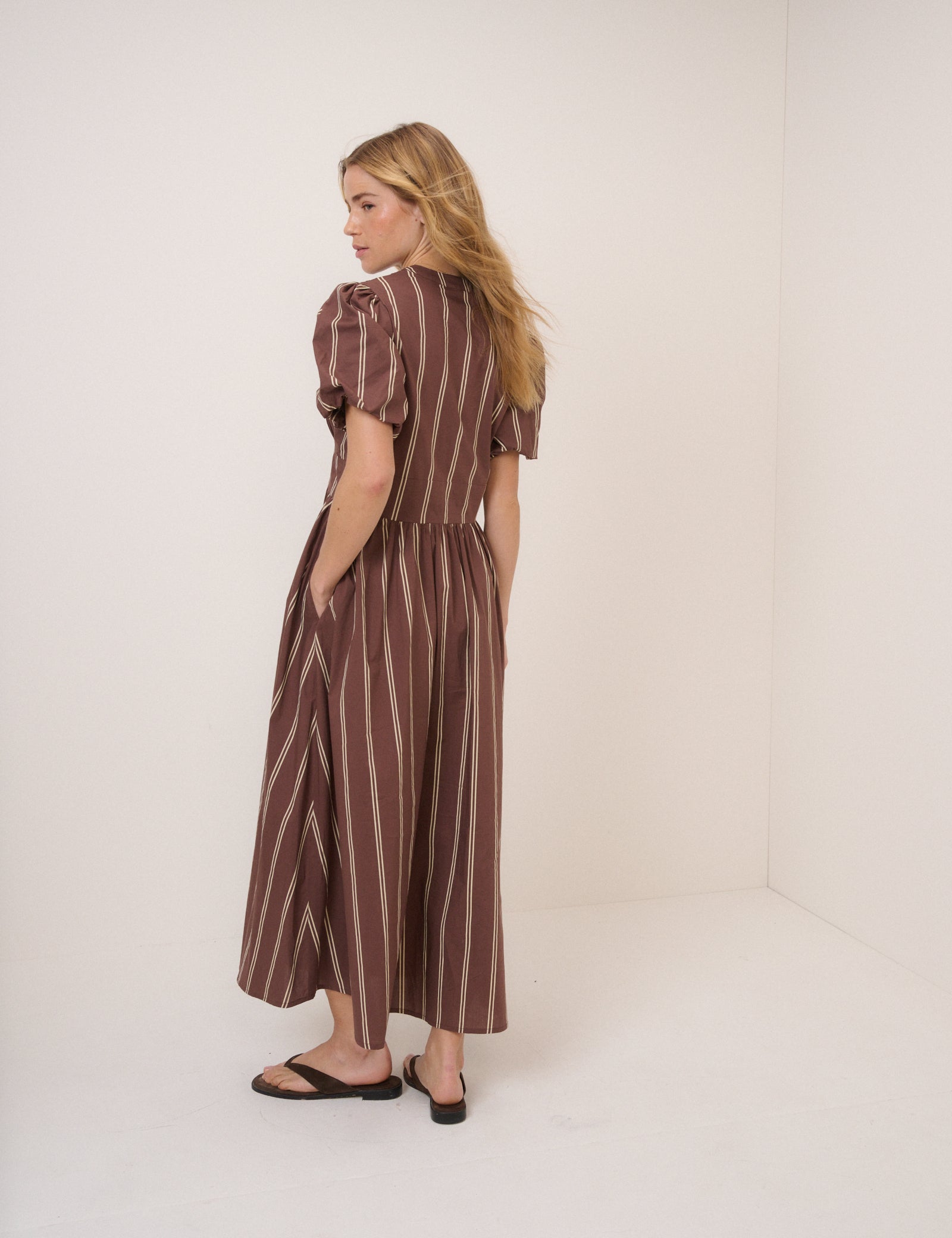 Cream Brown Striped Cotton Button Front Midaxi Dress - Image 4