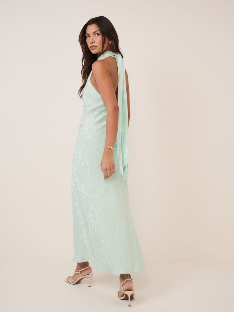 Green Floral Satin Slip Halter Neck Midaxi Dress