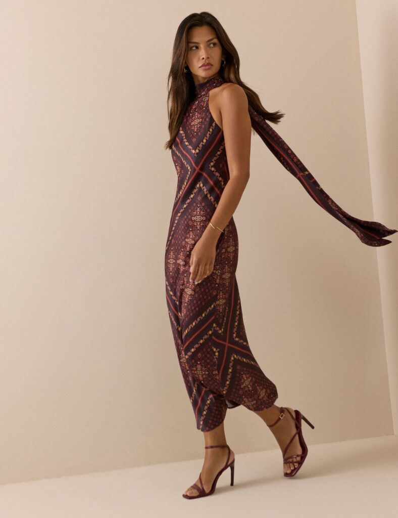 Brown Red Slip Halter Neck Midaxi Dress