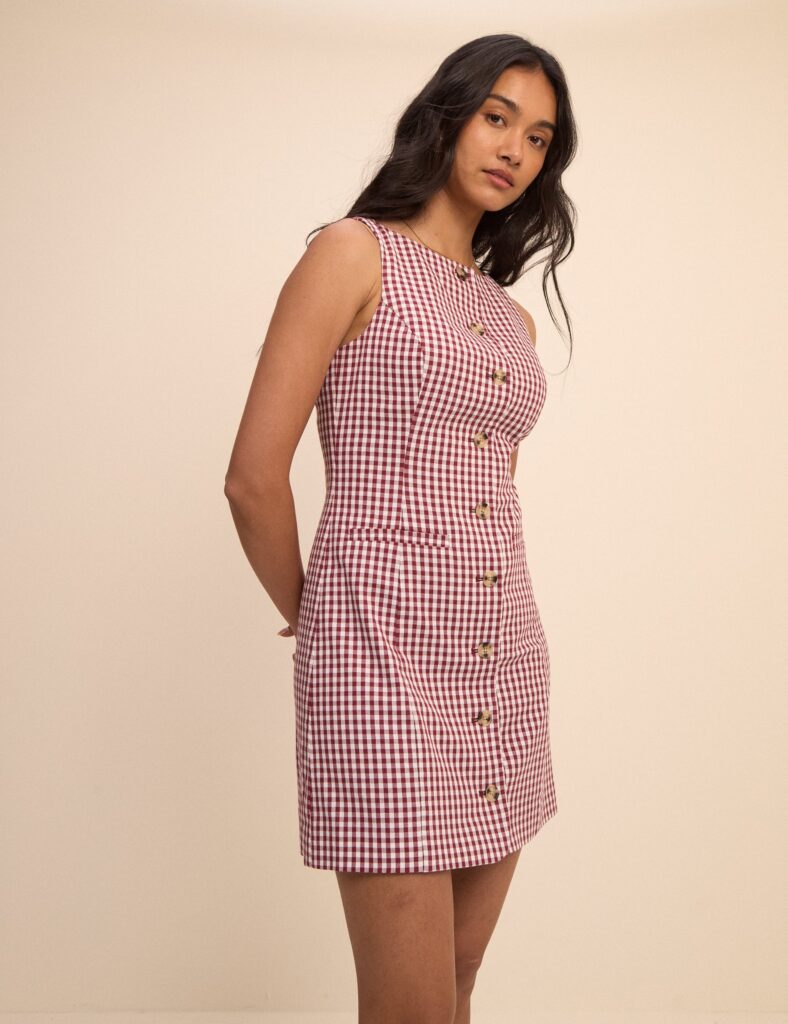 Burgundy Gingham Boat Neck Tailored Dress