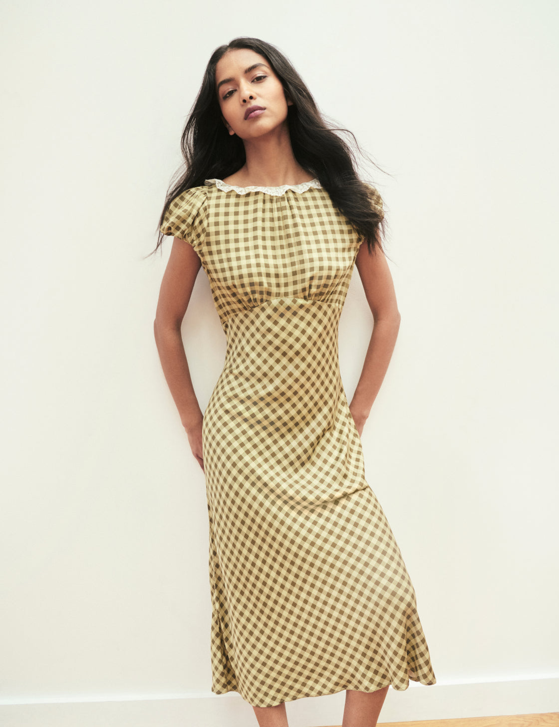 Green Check Lace Shirred Puff Sleeve Midaxi Dress