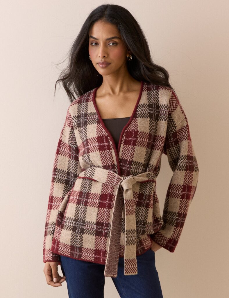 Brown And Burgundy Check Belted Knit Jacket Knitwear