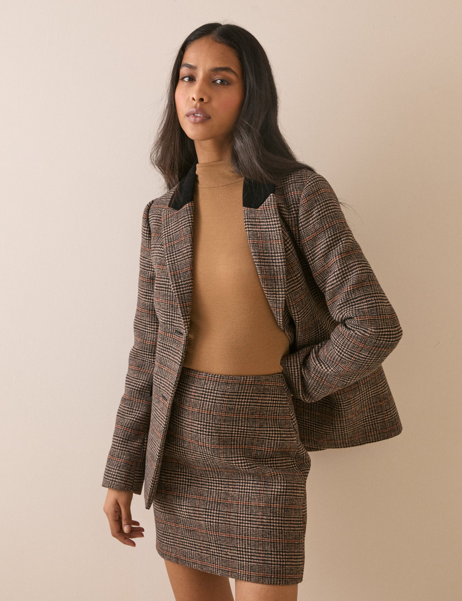 Brown Checked High Waisted Skirt