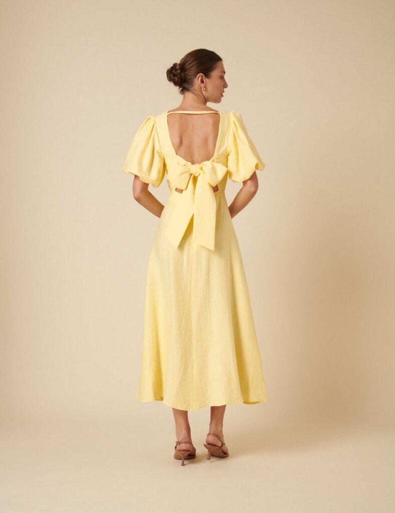 Yellow Puff Sleeve Short Midaxi Dress
