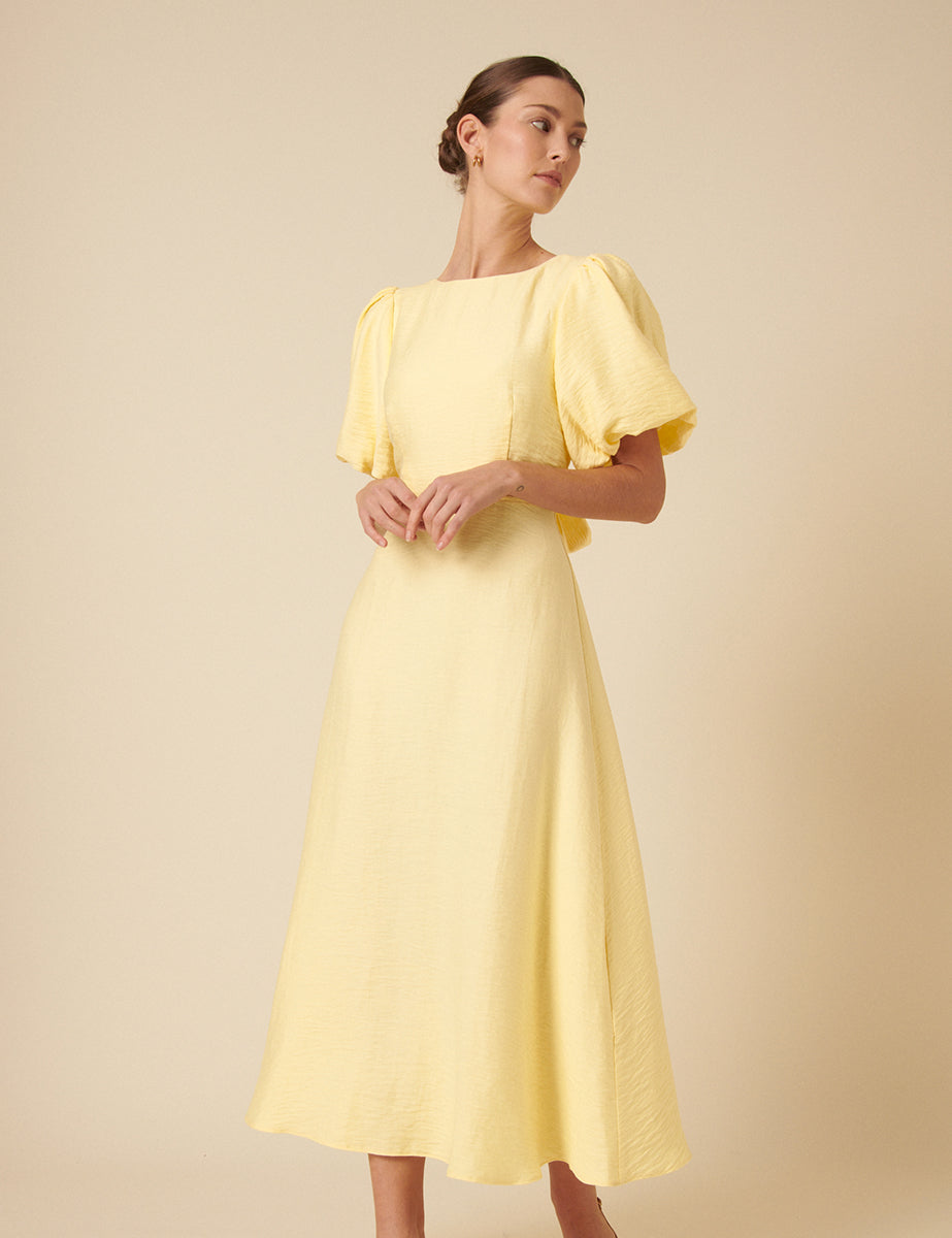 Yellow Puff Sleeve Short Midaxi Dress - Image 3