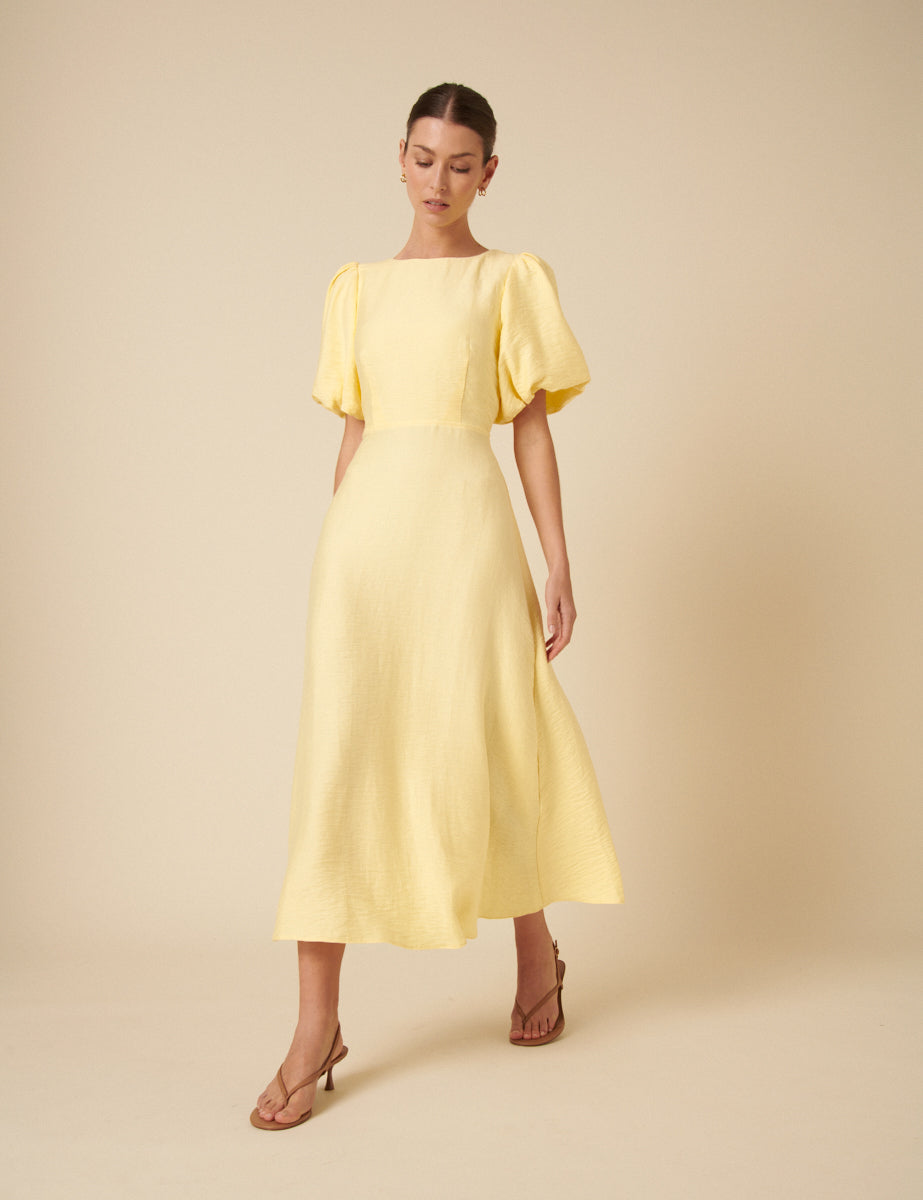 Yellow Puff Sleeve Short Midaxi Dress - Image 4