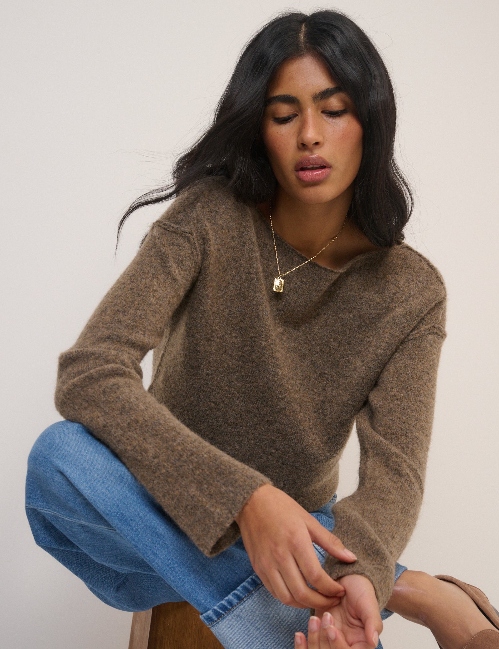 Brown Slash Neck Knitted Jumper Knitwear - Image 4