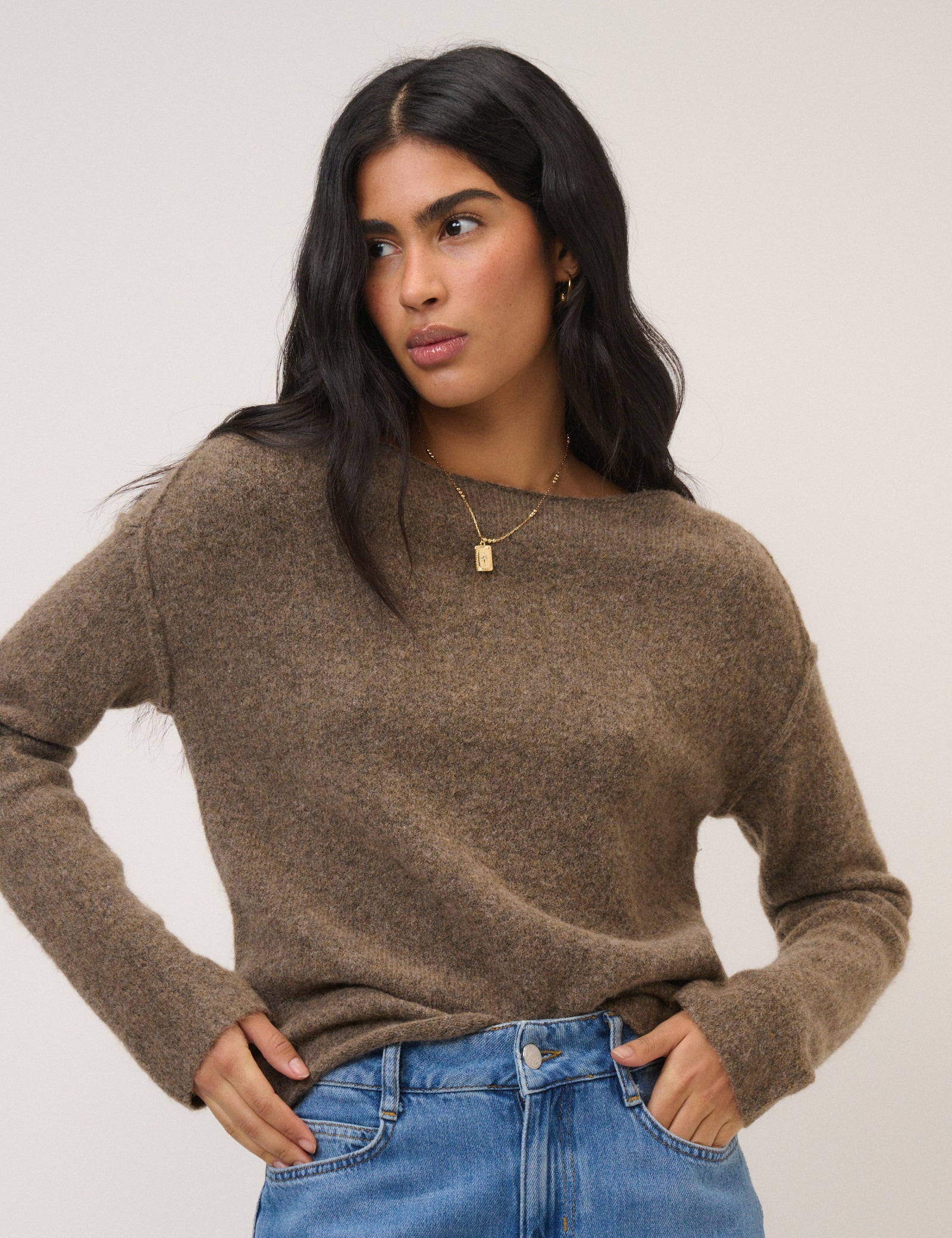 Brown Slash Neck Knitted Jumper Knitwear - Image 5