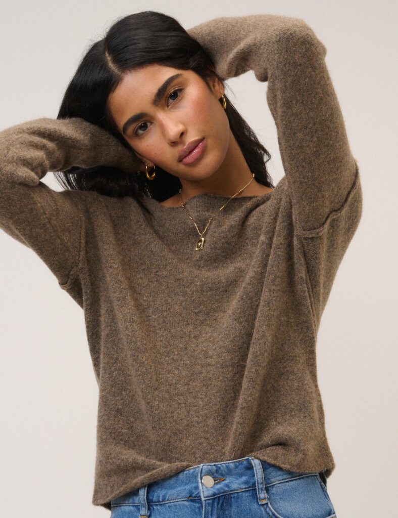 Brown Slash Neck Knitted Jumper Knitwear