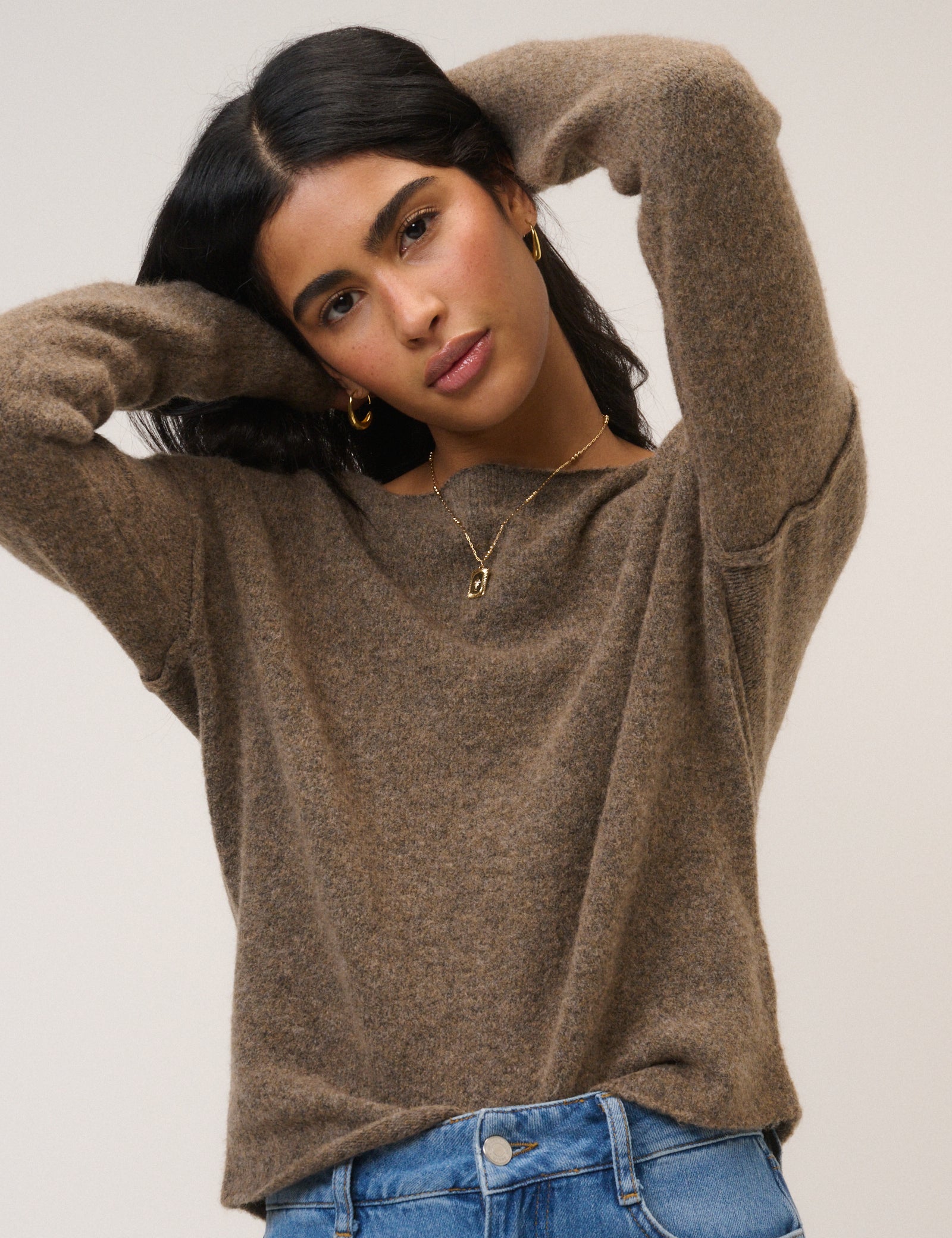 Brown Slash Neck Knitted Jumper Knitwear