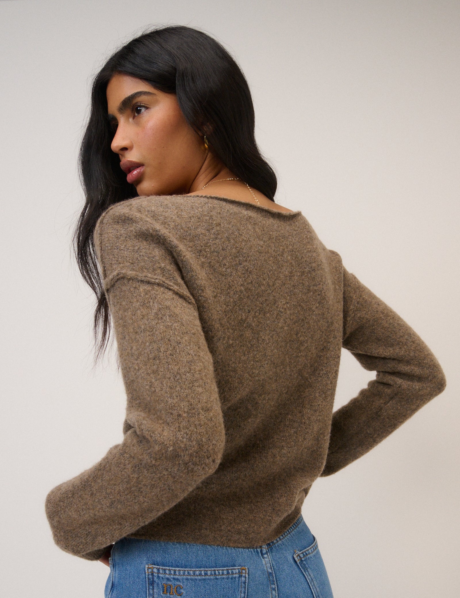 Brown Slash Neck Knitted Jumper Knitwear - Image 6