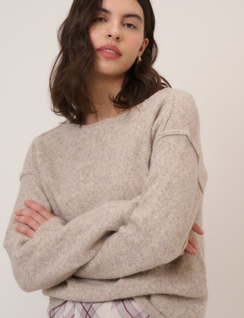 Textured Beige Boat Neck Jumper Knitwear