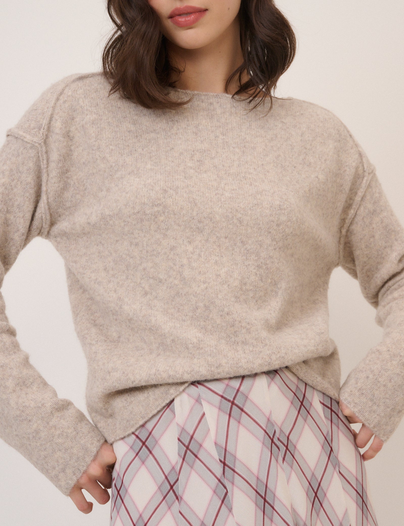Textured Beige Boat Neck Jumper Knitwear - Image 4