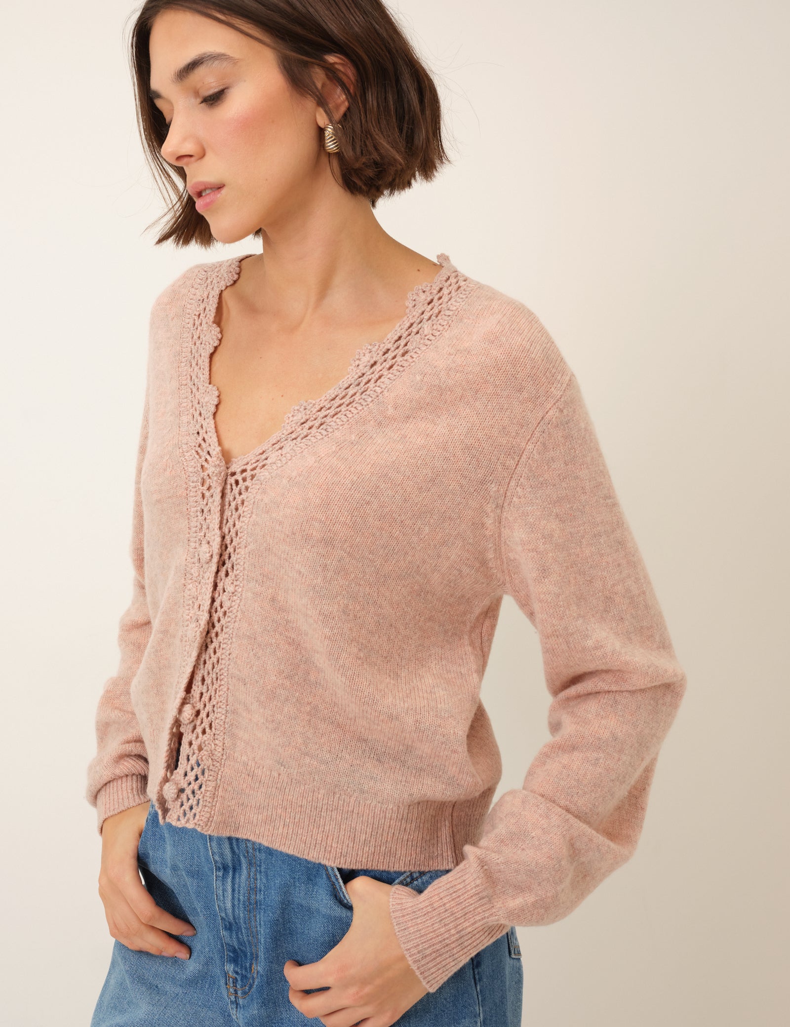 Pink Crochet Trim Neck Cardigan - Image 3
