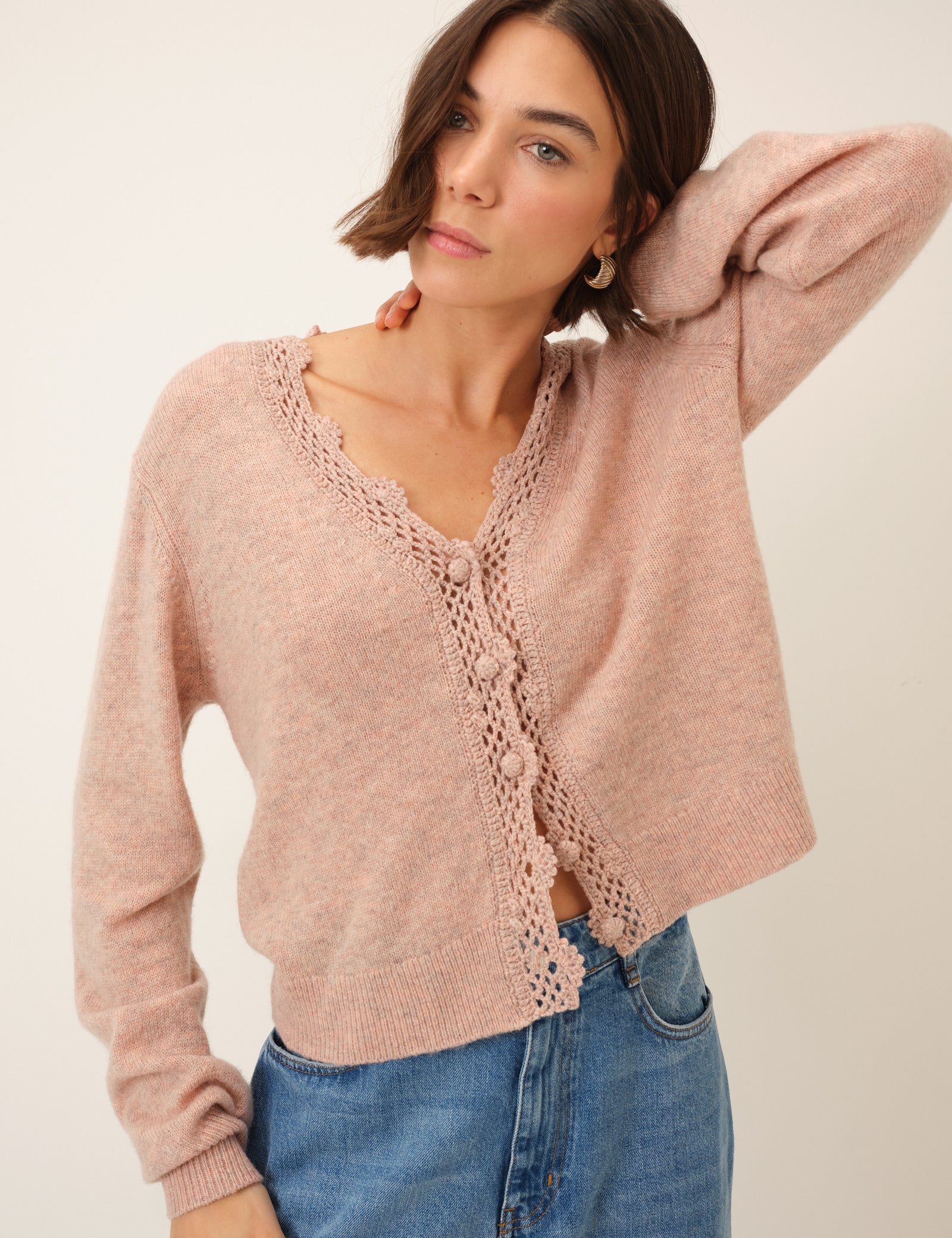 Pink Crochet Trim Neck Cardigan - Image 4