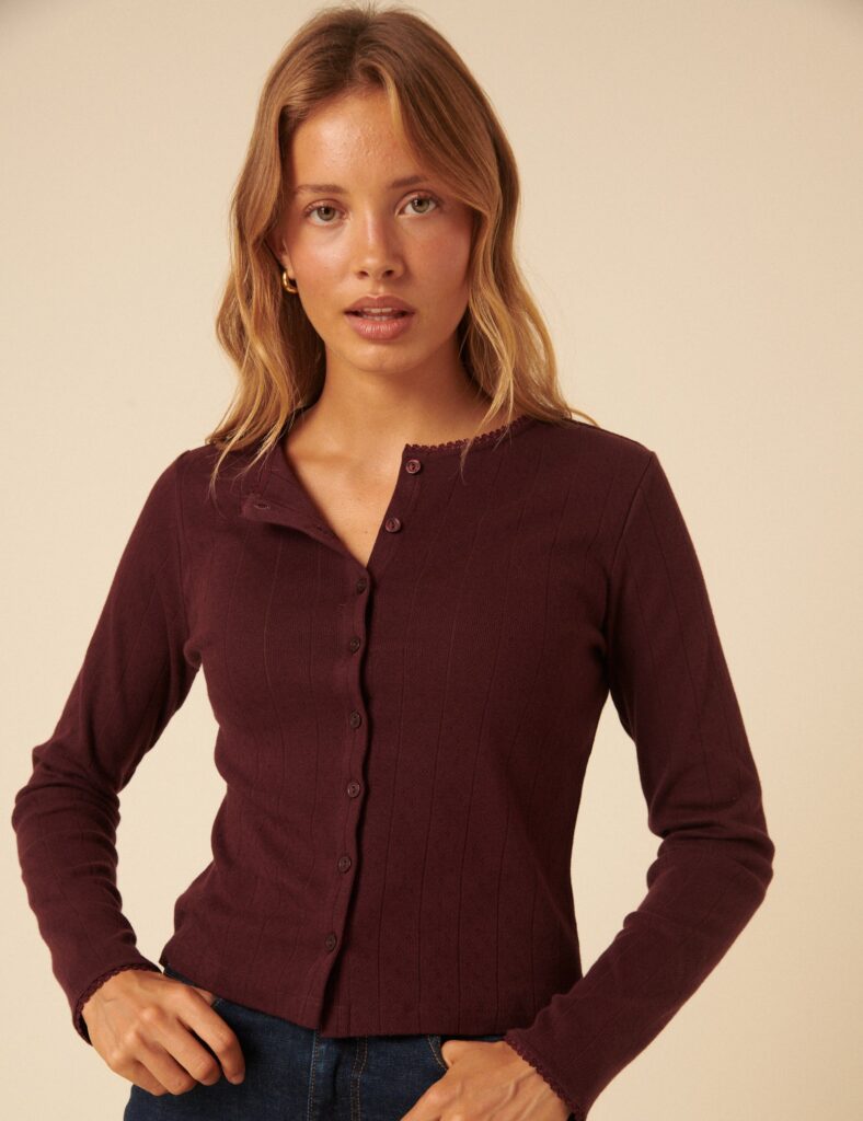 Knitwear Elegant Burgundy Pointelle Cardigan