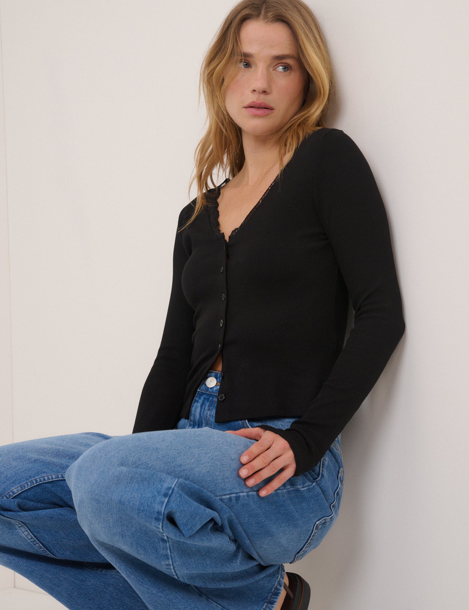 Black Lace Trim Jersey Cardigan - Image 5