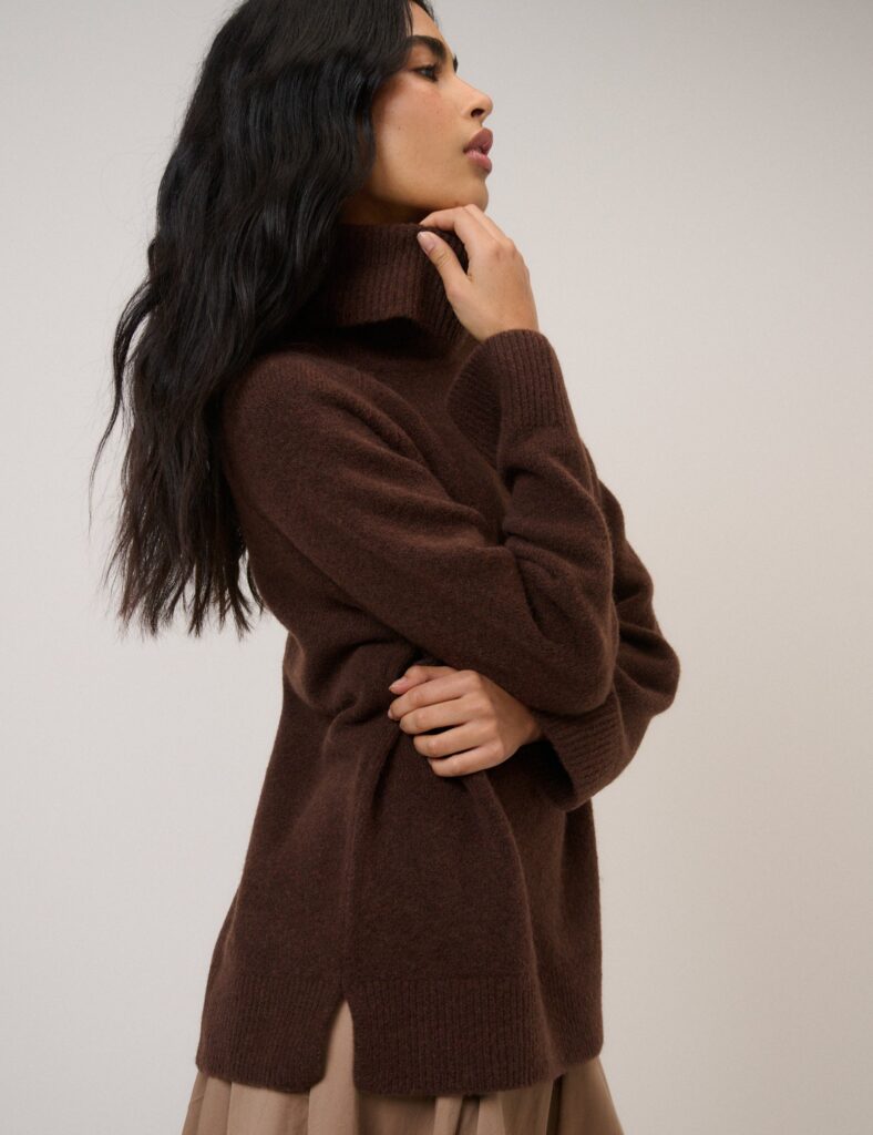 Chocolate Brown Roll Neck Longline Jumper Knitwear