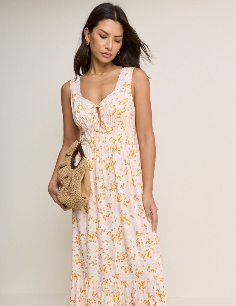 White Floral Tiered Square Neck Midaxi Dress