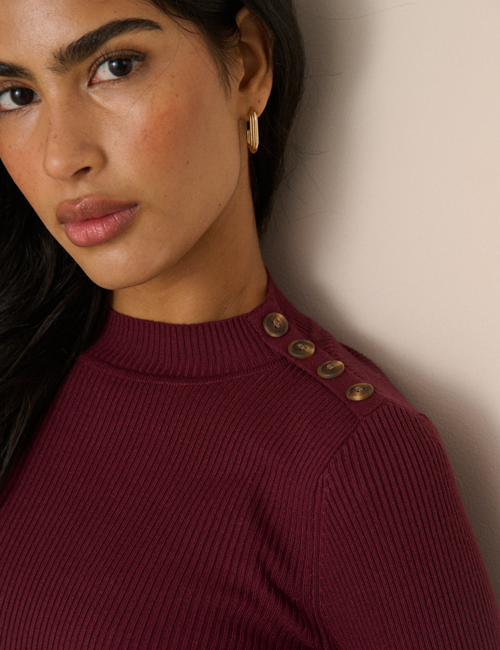 Burgundy Ribbed Button Detail Top - Image 2